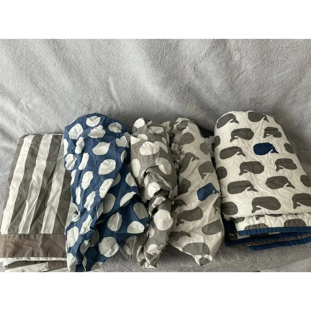 The Land Of Nod Crib Sheet Set Make a Splash Whales Blue Gray Fitted Skirt Quilt